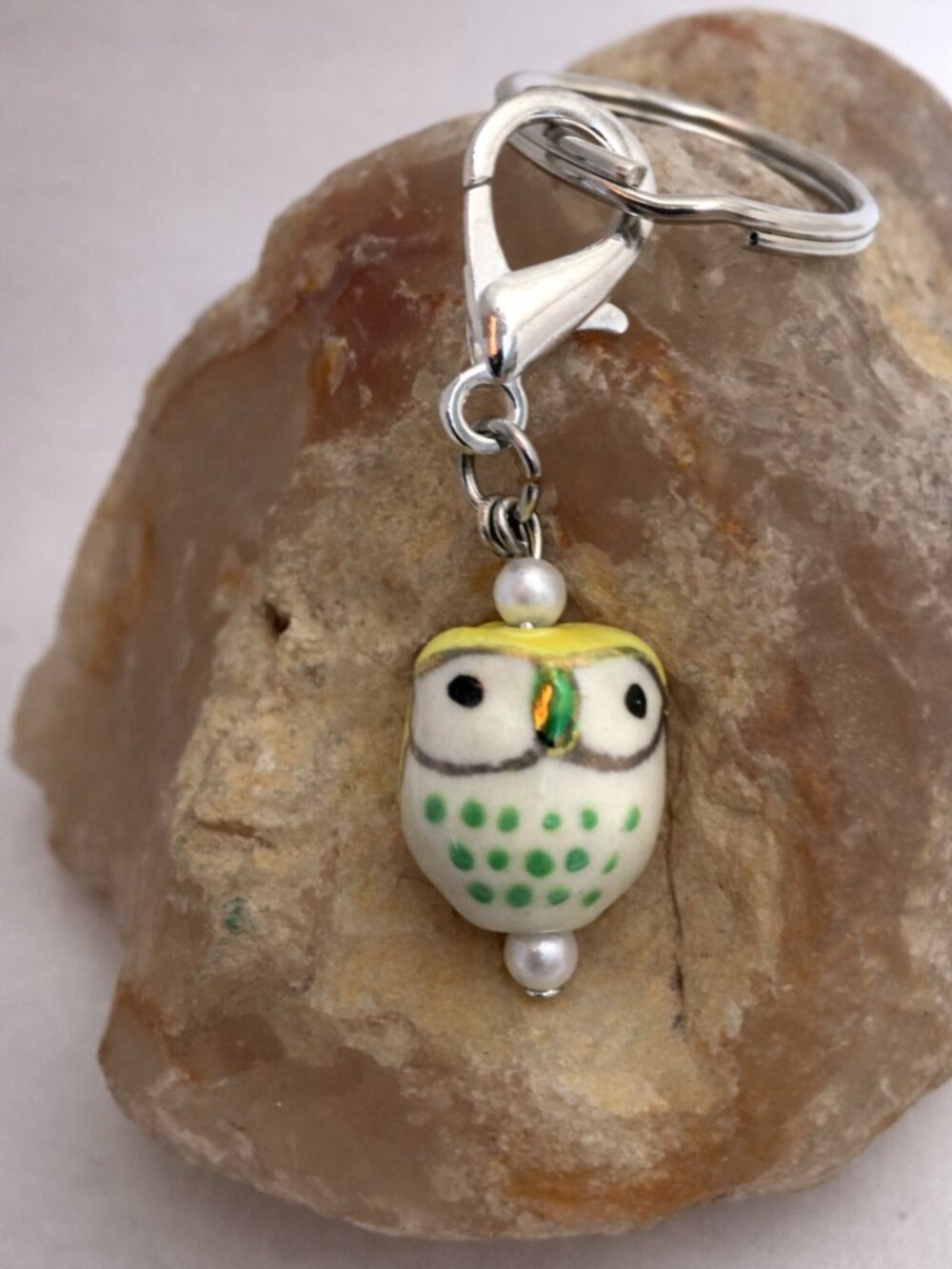Handmade Ceramic Owl Keychain Clip Charm